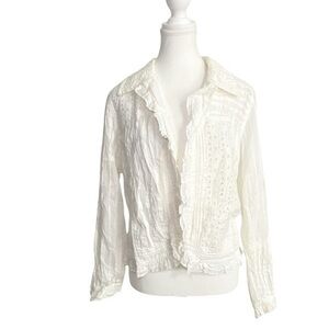 Yakmagik White 100% Cotton Eyelet Lace Crinkle Boho Jacket